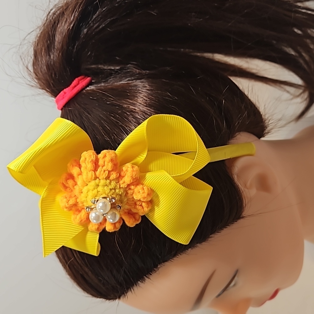 Hand Crafted yellow bow hairband hand  crochet flower faux pearls beads floral - Picture 8 of 17